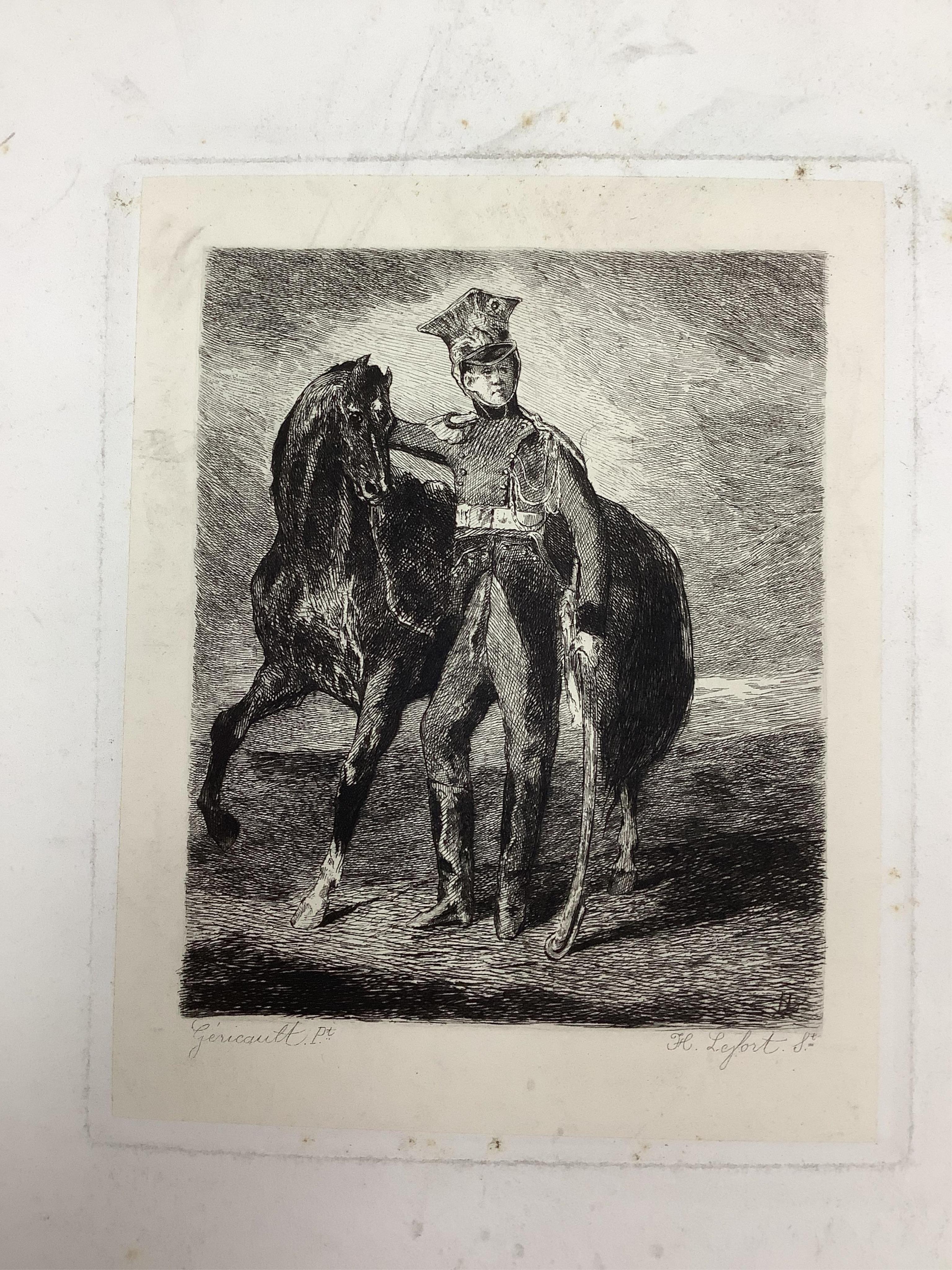 A large folio of etchings, to include after Eugene Delacroix, 'The mourning of Christ', each 45 x 32cm, housed in a leather folder